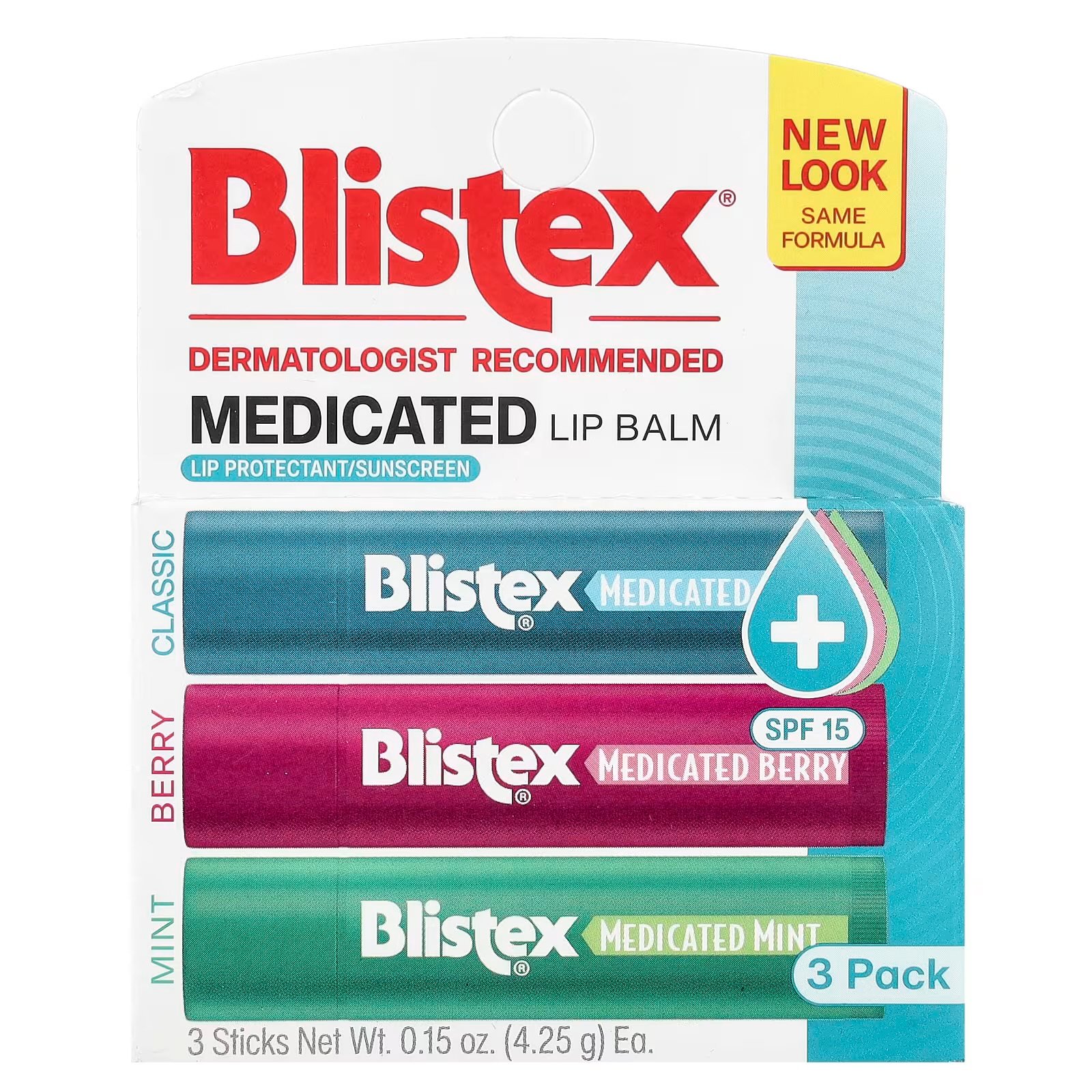 Bilistex‏, مرطب شفاه طبي ، عامل حماية من الشمس 15 ، نعناع ، كلاسيكي ، 3 عبوات