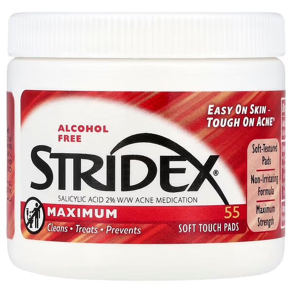 Stridex- مسحات قطنية للسيطرة على حب الشباب، فعالية قصوى، خالٍ من الكحول، 55 قطعة