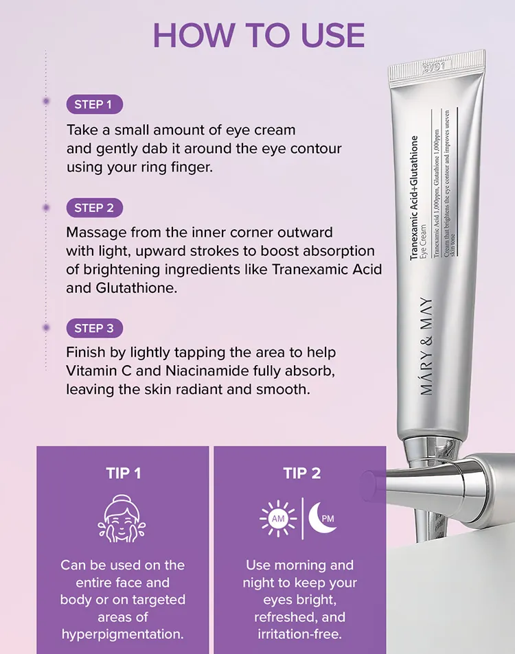 MARY & MAY - TRANEXAMIC ACID + GLUTATHIONE EYE CREAM -ماري أند ماي‏, حمض الترانيكساميك + كريم الجلوتاثيون للعينين