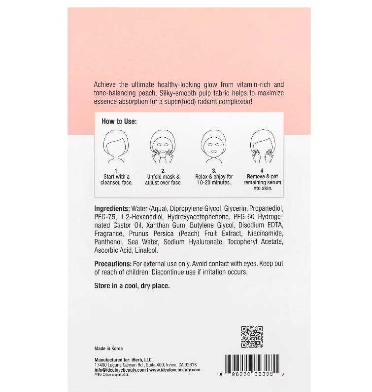 Idealove, Superfood Skin Savior, Pretty as a Peach, ماسك ايديا لوڤ قطعة ١